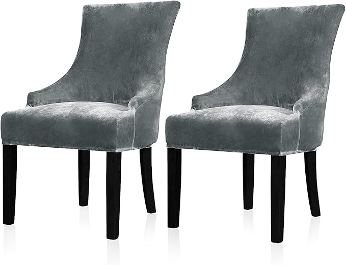 Lellen Velvet Stretch Wingback Chair Cover Slipcover - Reusable Protector Cover for Dining Room Banquet Home Decor etc Machine Washable Hand Washable (Charcoal Grey, 2PC)
