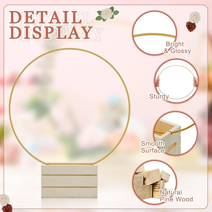 FoldTier 24 Pcs 12 Inches Metal Floral Hoop Centerpiece with Stand for Tables - Includes Gold Wreath Rings and Wooden Stands for DIY Wedding Baby Shower Communion Baptism Birthday Party Decoration
