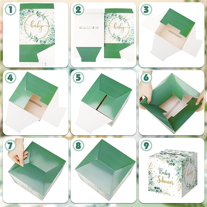 Teling 51 Pieces Diaper Raffle Tickets with Card Box Baby Shower Decorations Baby Shower Holder Box for Girl Boy Diaper Raffle Party(Green Leaf Style)