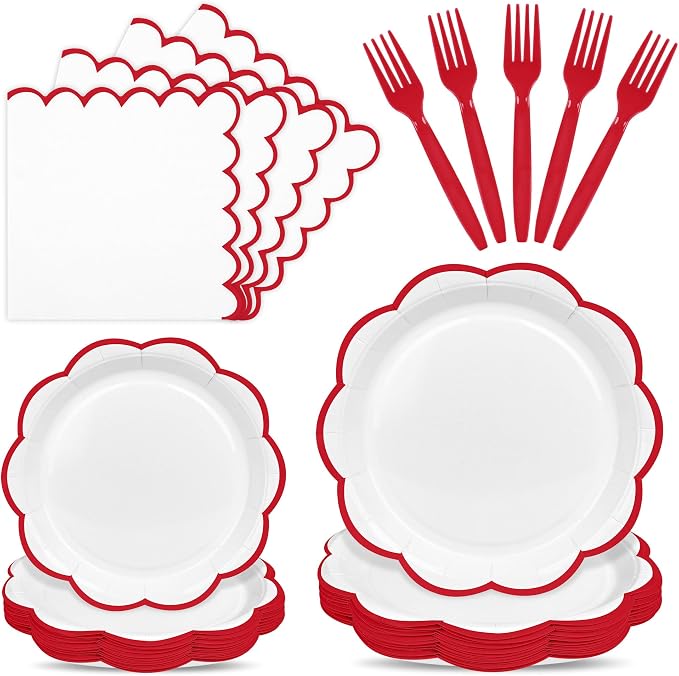 96 Pcs Red and White Paper Plates and Napkins Set, Tableware set for 24 Guest include White Dessert Plates with Red Scalloped Edge, Napkins and Forks for 4th of July, Baby Shower, Wedding, Birthday