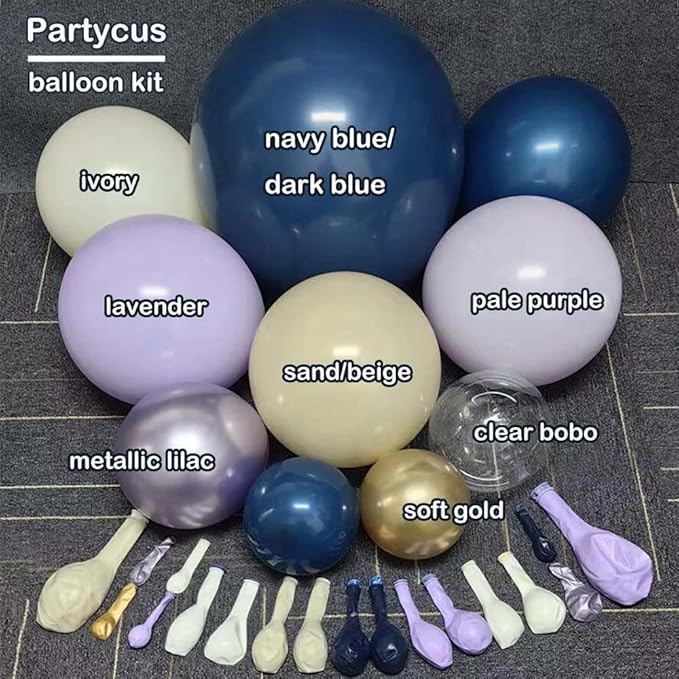 Navy Blue Purple Balloon Arch Double Stuffed Dark Blue Pastel Lavender White Sand Ivory Balloon Garland Kit Clear Bobo Metallic Lilac for Baby Shower Wedding Birthday Mother Day Graduation Party Decor