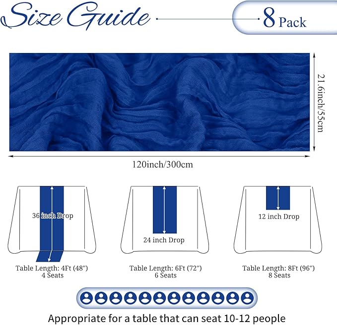 8 Pack Royal Blue Cheesecloth Table Runner 10FT Boho Gauze Cheese Cloth Table Runner Rustic Sheer Fabric Table Runners for Wedding Bridal Shower Baby Shower Party(21.5×120 Inch)