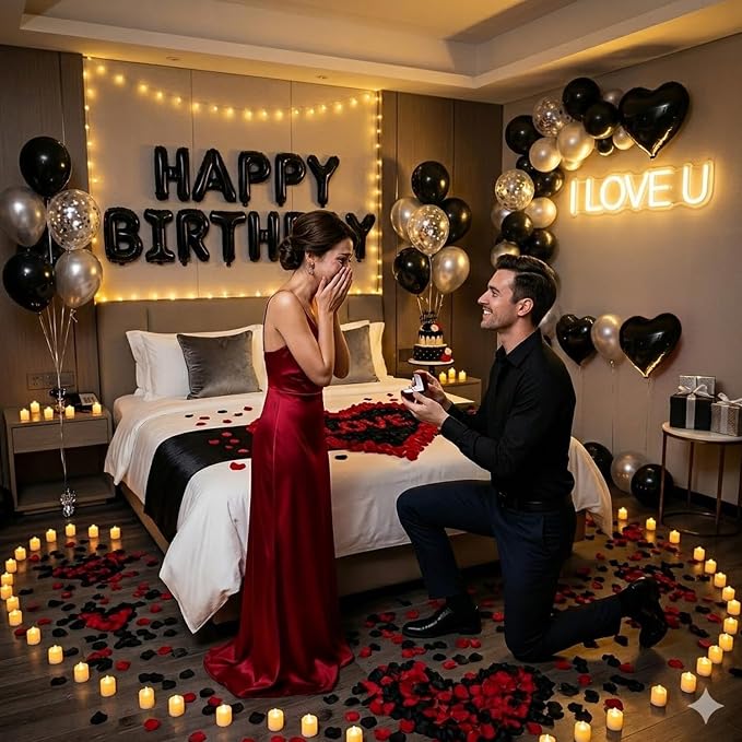 Romantic Birthday Decorations for Men with Black Silver Balloons, Happy Birthday Banner, Tea Lights and Rose Petals, Birthday Decorations for Boyfriend Husband Anniversary Surprise Room Decor (73PCS)