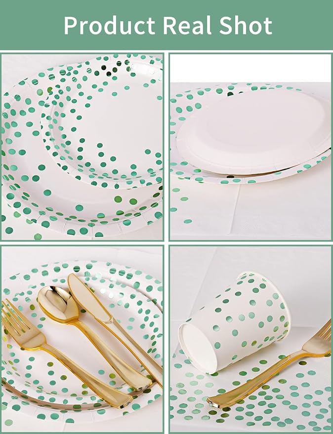 Nkaiso 141 Pieces Green Dots Party Supplies, Disposable Party Decorations Sets Include Paper Plates Napkins Cups, Plastic Forks Knives Spoons, for Baby Shower Birthday Wedding -20 Guests
