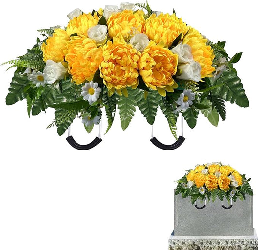 Headstone Flowers – Artificial Cemetery Flowers for Grave, Artificial Yellow Roses and Chrysanthemums Mixed - Easy to Install Cemetery Flowers for Grave Saddle
