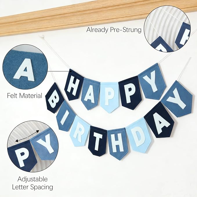 Navy Blue 1st Birthday Decorations for Boy -high chair banner first birthday boy Felt Happy Birthday Banner，birthday cake topper & Crown Hat,All-in-one First Birthday Decor Kit for Baby Boy