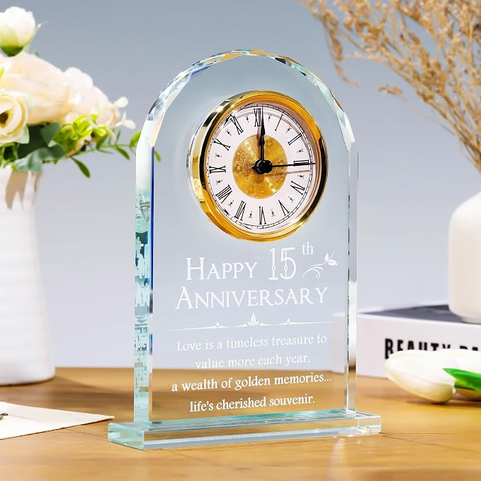 YWHL 15 Year Anniversary Quartz Clock Gifts for Her Him, Happy 15th Anniversary Clock Gifts for Couples, Romantic Presents for 15th Marriage Party