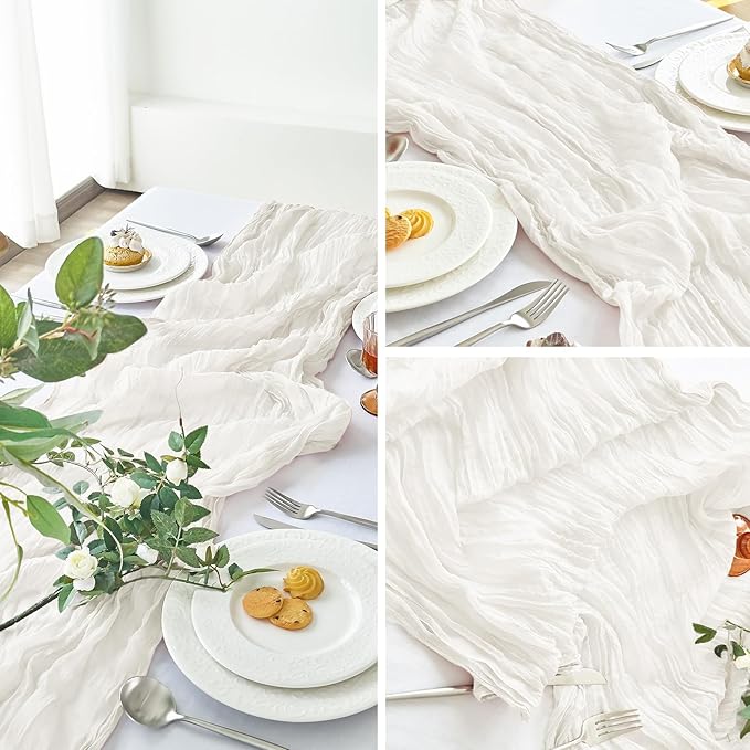 IVAPUPU 6 Pcs Cheesecloth Table Runner - 10ft Ivory White Spring Boho Gauze Cheese Cloth Table Runners for Baby Shower Decoration Wedding Party Garden Farmhouse Decor