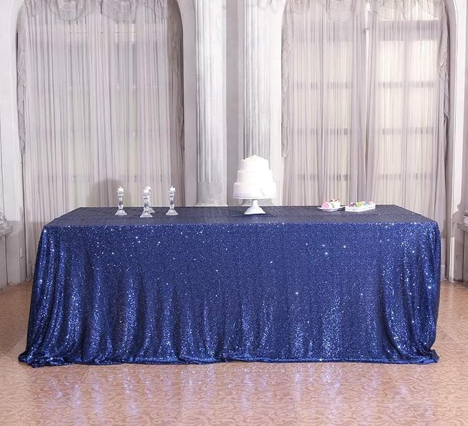 Juya Delight Navy Blue 90'' x 132'' Sequin Tablecloth Rectangle Sparkle Table Cover for Party Birthday Wedding Decoration