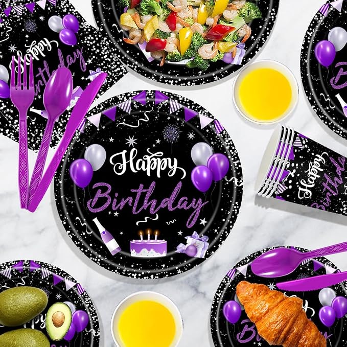 219Pcs Purple Black Birthday Decorations Party Supplies for Women Men Girls Purple and Silver Birthday Plates Napkins Cups Tableware Set with Banner Tablecloth Confetti Balloons, Serves 24