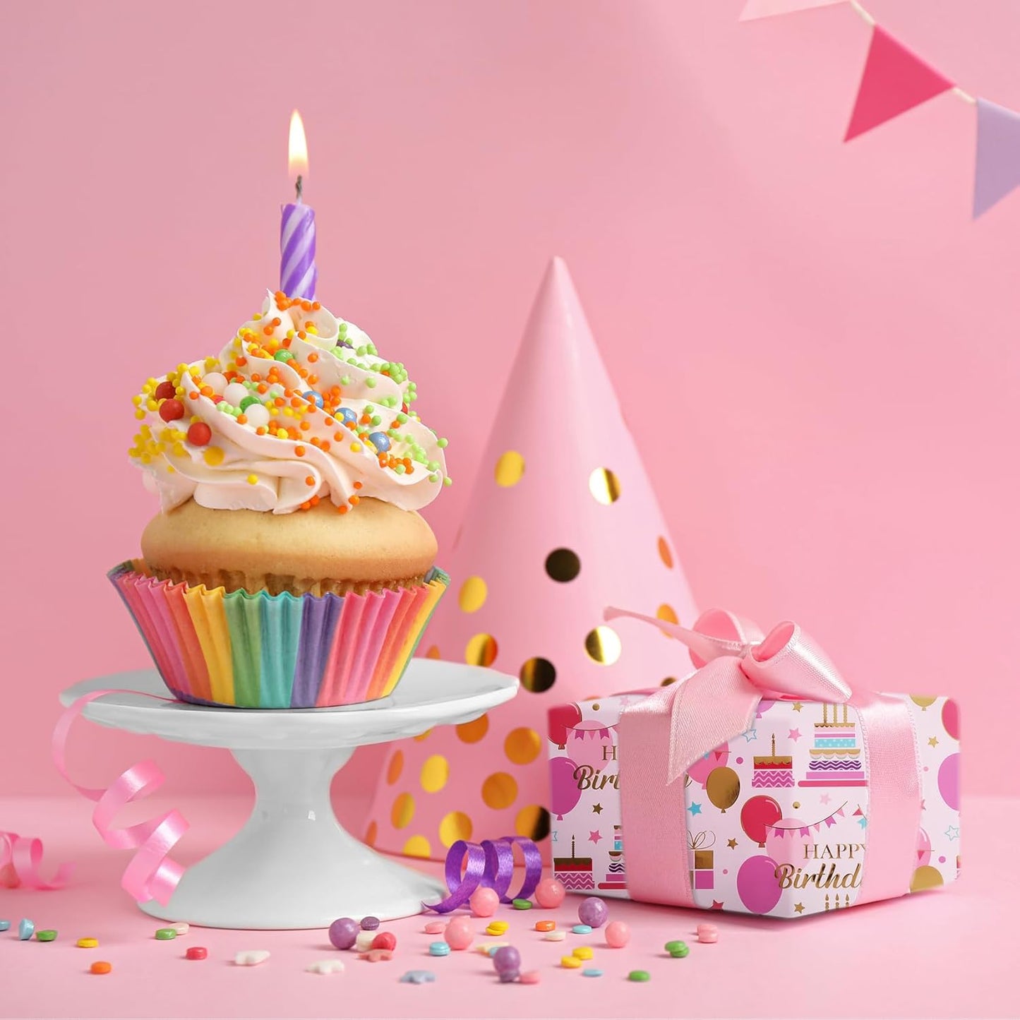 Aimyoo Pink Birthday Wrapping Paper Roll - 17 Inch X 32.8 Feet - Gold Foil Celebration Cake, Balloon, Happy Birthday Lettering Design Gift Wrap for Kids, Baby Showers