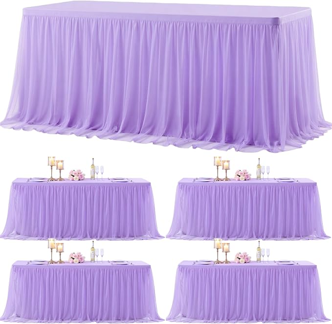 Suppromo 4 Pack 6ft Lavender Tulle Tablecloths for Rectangle Tables, 6 Foot Rectangular Table Cloth Wrinkle Free Table Cover with Tutu Skirt for Wedding Baby Shower Birthday Party Banquet Buffet Cake
