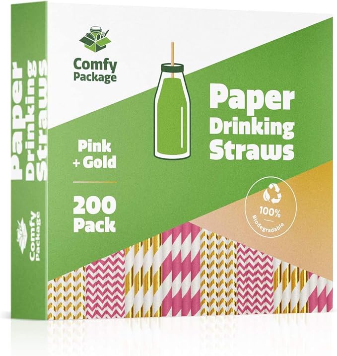 Comfy Package [200 Pack] Hot Pink & Gold Paper Straws Disposable, 100% Biodegradable Multi-Pattern Party Straws For Birthday, Wedding and Holiday Decoration