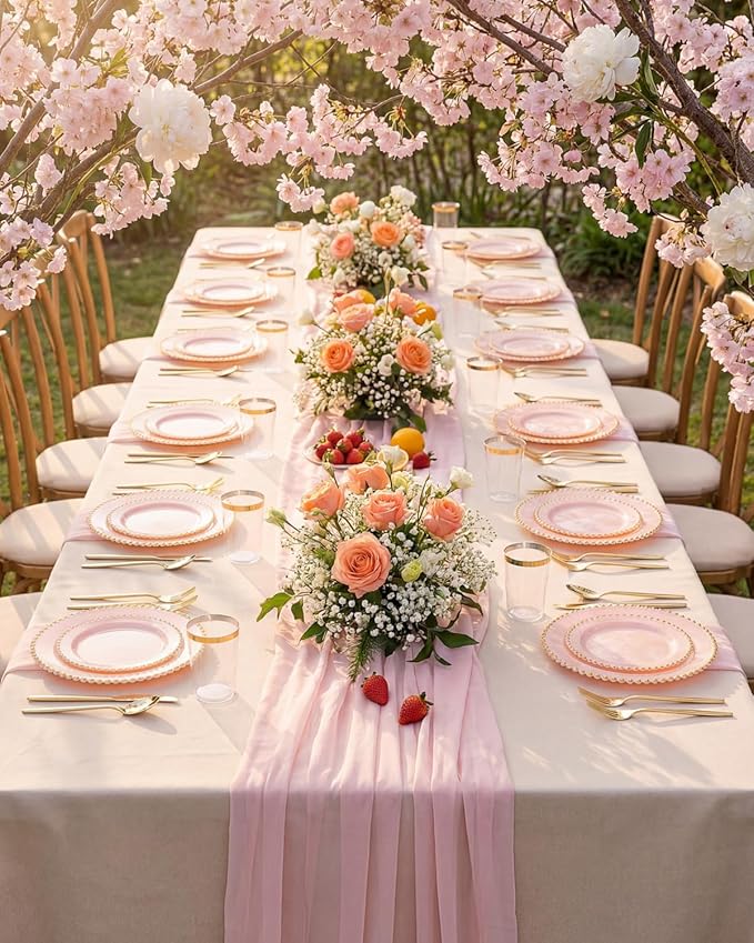 180pcs Pink Plastic Plates with Gold Beads,Elegant Heavy Duty Disposable Plates,Pink and Gold Dinnerware Set Include 10.25" Dinner Plate and 7.5" Dessert Plate with Plastic Silverware and Cups Party