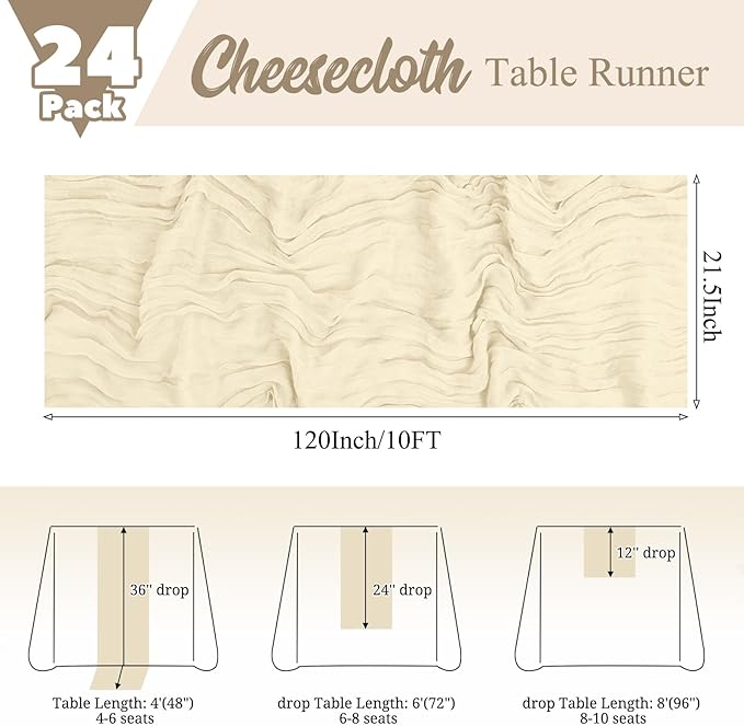 24 Pack Ivory Table Runner 10Ft Cheesecloth Table Runner Rustic Gauze Table Runners Romantic Long Cream Sheer Fabric Cheese Cloth Table Runners for Wedding Party Bridal Baby Shower