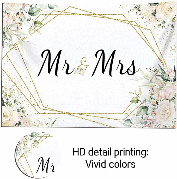10x8FT Mr & Mrs White Floral Bridal Shower Backdrop Mr Mrs Wedding Theme Photo Backgrounds Wedding Bride to Be Engagement Photography Backdrops Prom Party Banner Decor Party Banner Photo Booth Prop