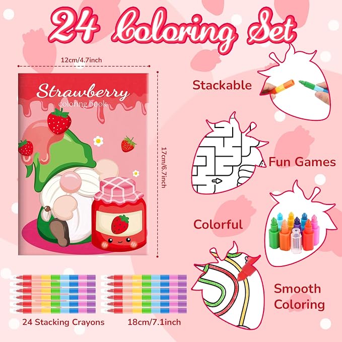 BenLouis 24 Strawberry Mini Coloring Books Kids with 24 Stacking Crayons Berry Party Favors Activity Books Bulk for Kids Girl Fruit First Goodie Bag Gift Stuffer Classroom Reward