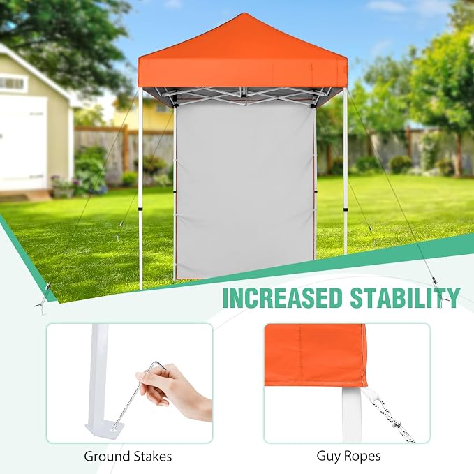 5x5 Pop Up Canopy Tent with One Sidewall, Instant Portable Beach Canopy, Outdoor Tent with Carry Bag for Camping, Sports, Tailgating, Events, Orange