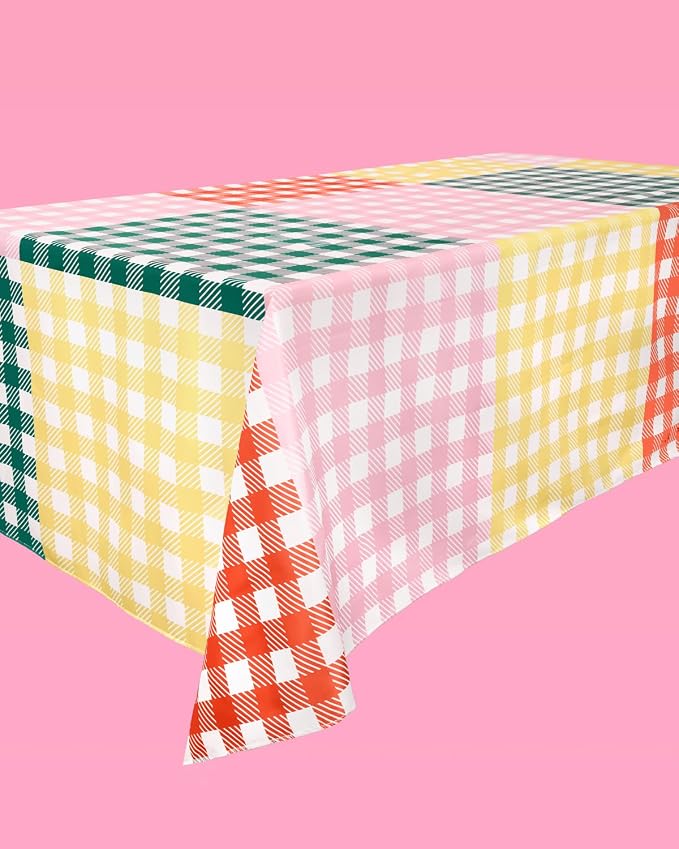 xo, Fetti Gingham Checkered Washable Tablecloth - 9ft. | Camp Bachelorette Party Supplies, Getting Lit + Getting Hitched, Glamping Birthday Party Decorations, Pastel Baby Shower, Cute Tableware