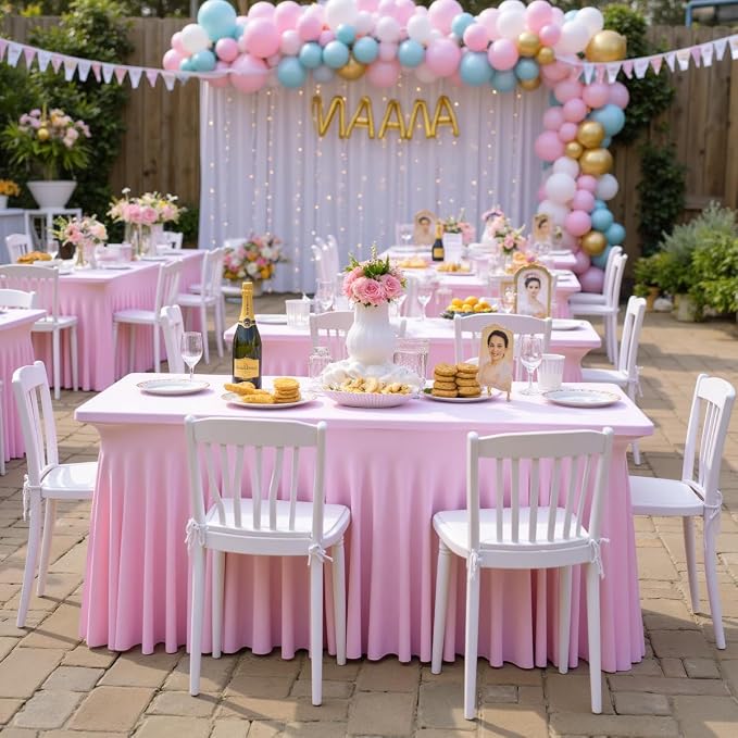 Outpain 8ft Spandex Table Cloth for Standard Folding Tables-6Pack Baby Pink Table Cloth Table Protector for Party, Wedding, Cocktail, Banquet, Festival