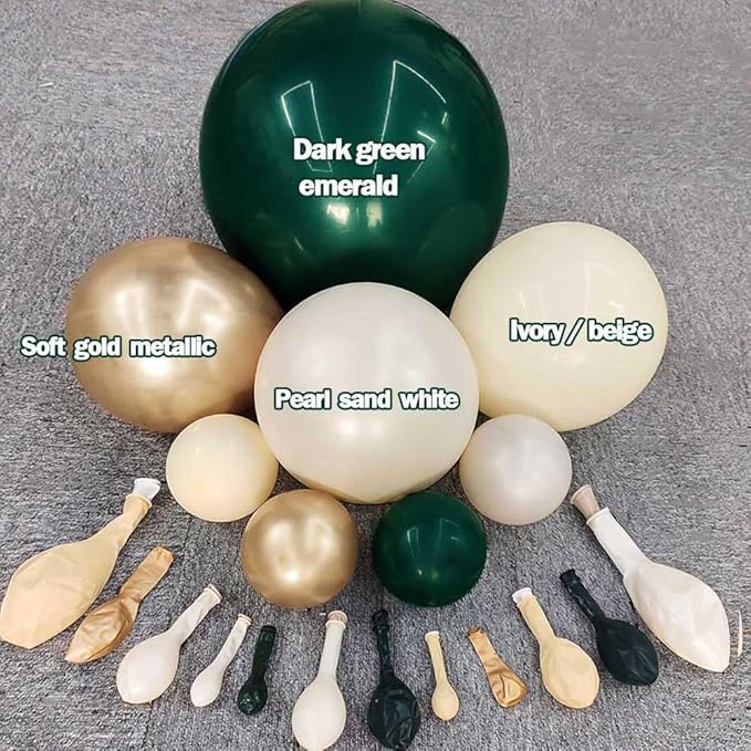 Emerald Green Gold Balloon Arch Kit, Double Stuffed Dark Forest Green Pearl White Sand Ivory Balloon Garland for Birthday Wedding Anniversary Graduation Jungle Mother's Day New Year Party Decoration