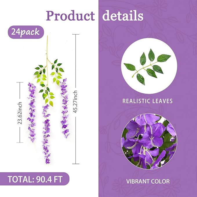 24 Pack Purple Wisteria Hanging Flowers Garland, 3.77 Feet Artificial Flower Vines, Fake Wisteria, Artificial Vines Hanging Garland for Backdrop Outdoor Yard Garden Decor