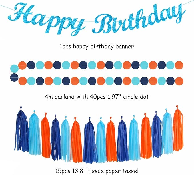 Royal-Light Blue Orange Happy-Birthday Party-Decorations - 31pcs Men Boys Paper Lanterns Streamers Banner,Navy Tissue Flowers Pom Poms Fans Tassels Garland Decor Backdrop Supplies Hugmoon