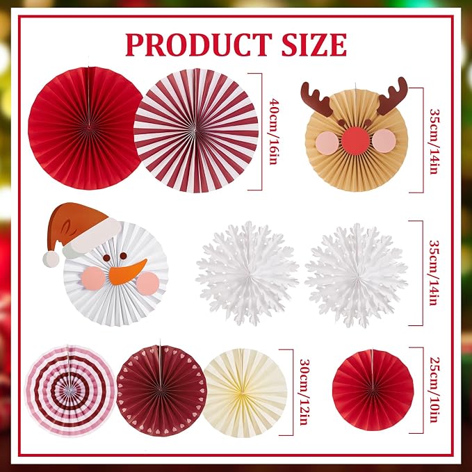 SUNBEAUTY Christmas Party Decorations Christmas Classroom Decorations Hanging Paper Fans with Reindeer Snowman for Xmas Holiday Ceilings Wall Decor Winter New Year Party Supplies