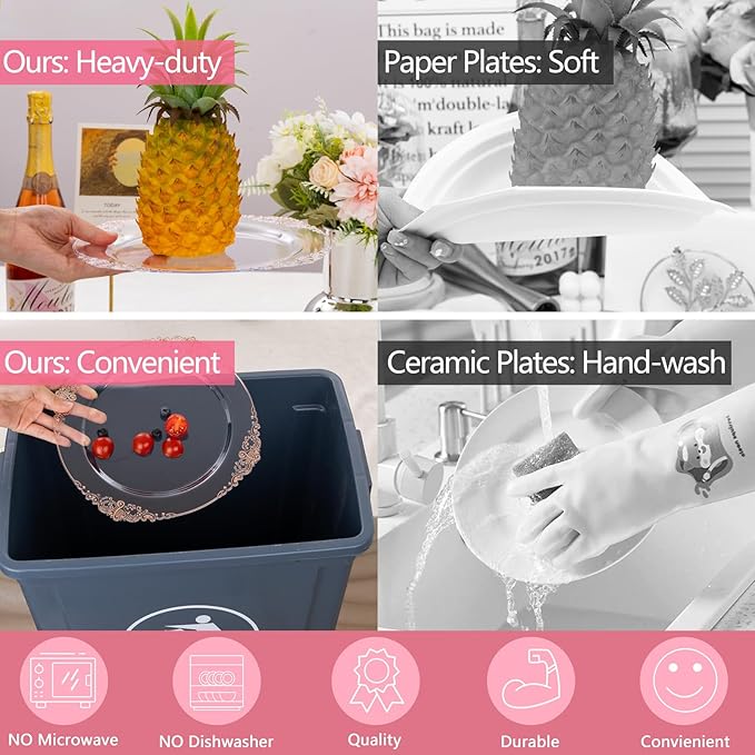 Hioasis 175pcs Clear Rose Gold Plastic Plates - Elegant Disposable Dinnerware Set Suitable for 25 Guests Include 10.25" Dinner & 7.5" Dessert Plates, Cutlery, Napkins, Cups for Party