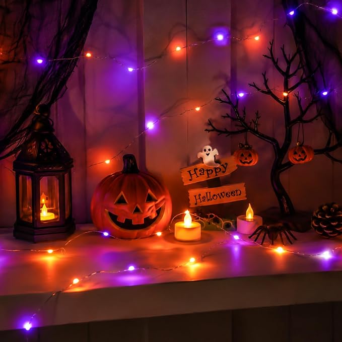 QITONG Orange and Purple Fairy Lights Battery Operated, 4 Pack Each 16ft 50 LED Halloween Lights Outdoor Waterproof, Silver Wire Christmas Twinkle Mini String Lights Indoor