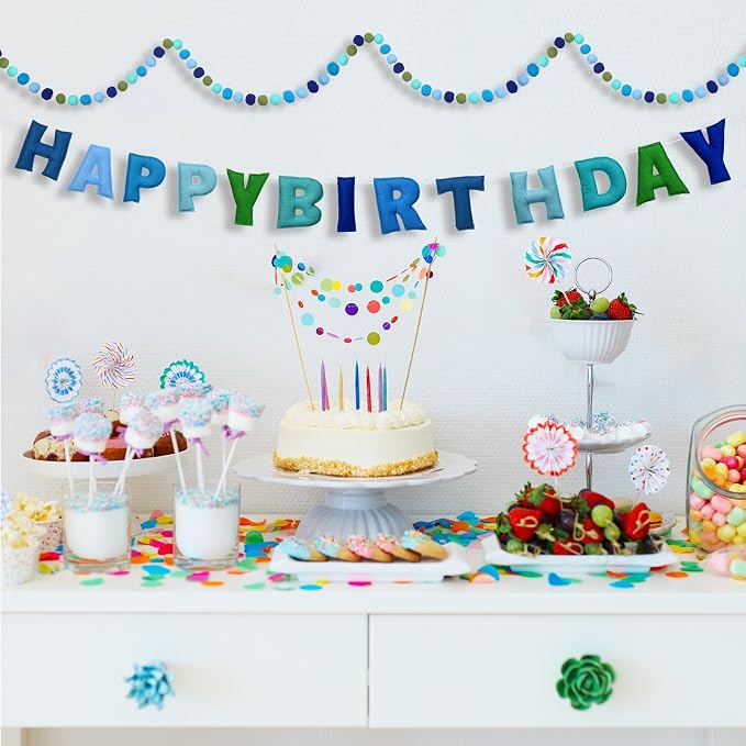 Mindsoft 2 Pcs 9.83ft Pre Strung 3D Happy Birthday Felt Fabric Banner with Ball Garland Reusable Pom Pom Garland for Birthday Party Decorations Sign Photo Prop Boys Girls(Ocean Color)