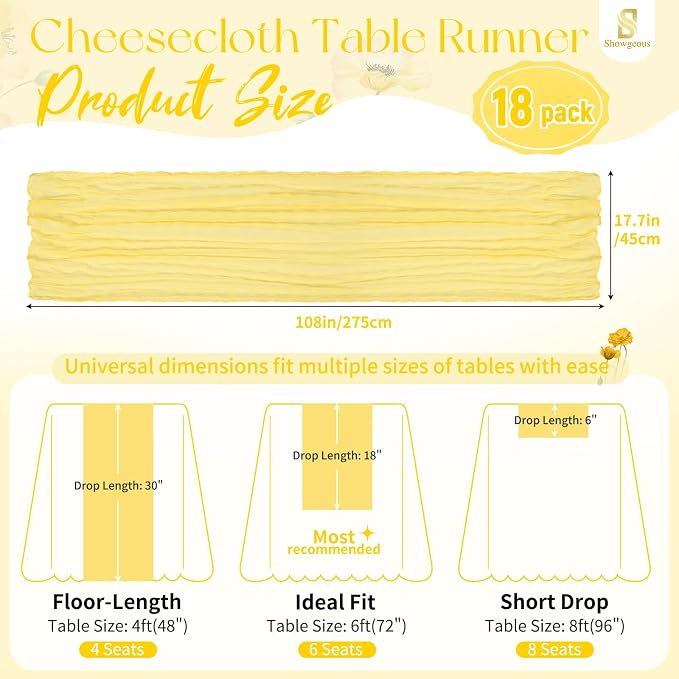 18 Pack Light Yellow Cheesecloth Table Runner 17 x 108 inch Boho Gauze Table Runner Rustic Sheer Cheese Cloth Table Decorations for Wedding Party Baby Bridal Shower Birthday Holiday Home