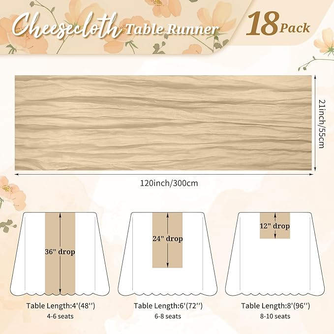 18 Pack Cheesecloth Table Runner Beige 10Ft Rustic Boho Gauze Table Runner Romantic Long Sheer Fabric Cheesecloth Table Runner for Wedding Festival Birthday Anniversary Dinner Outdoor Events