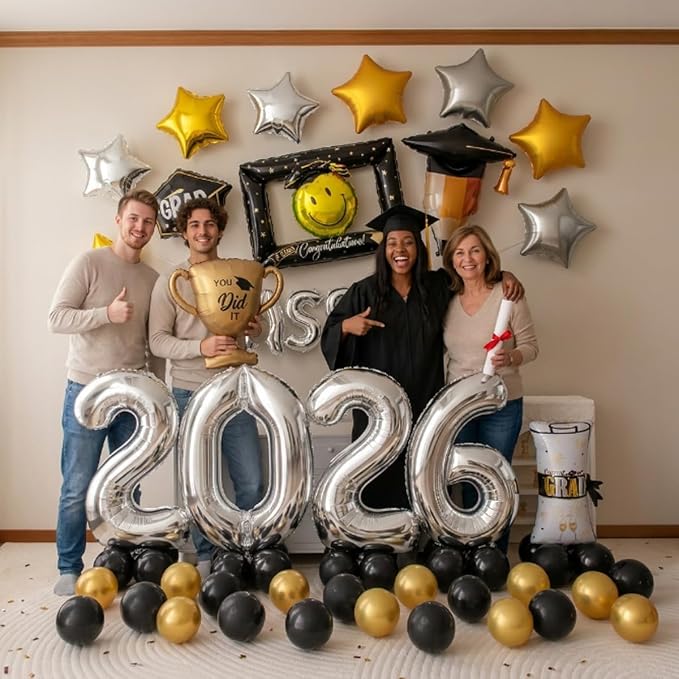 65 PCS Congrats Grad Balloons Kit, Class of 2026 Graduation Party Decorations Black Gold Silver Foil Balloons with Congrats Mylar Balloons Celebration Supplies for High School College Graduation