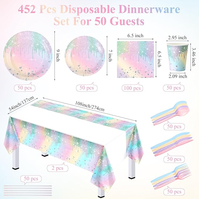 Funnymoom 452 Pcs Iridescent Diamond Birthday Party Decorations for 50 Guests, Glitter Pastel Rainbow Paper Plates and Napkins Cups Tablecloth Cutlery Straws for Women Birthday Baby Shower Supplies