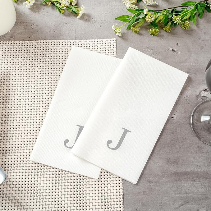Luxenap 15.8 X 7.9 Inch Linen-Feel Guest Towels, 50 Lettered Hand Towels - Silver Letter 'J', Sans Serif Font, White Paper Dinner Napkins, airlaid, For Restrooms And Tables - Restaurantware