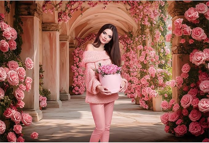 Baocicco 7x5ft Pink Flowers Backdrops for Photoshoot Rose Arch Corridor European Carving Wall Photo Background for Women Bridal Shower Birthday Marriage Valentines Mothers Day Backdrop Decorations