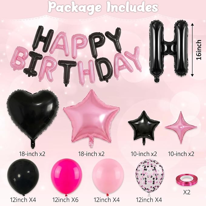 Pink and Black Birthday Decorations for Girls Women Hot Light Baby Pink Black Balloons Confetti Party Balloon Happy Birthday Banner Heart Balloons 18/10 Inch Star Balloon for Bday Party Supplies
