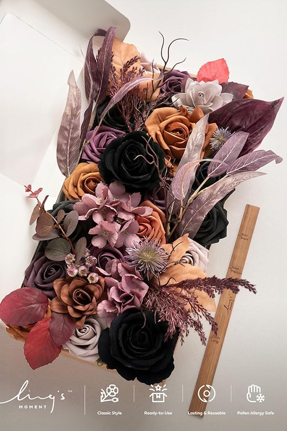 Ling's moment Fake Flowers Box, Faux Artificial Greenery Stems Foam Roses Gardenia Anthurium Silk Willow Eucalyptus Fabic Flower for Centerpieces Bouquet Vase, Black & Orange & Purple, Deluxe Combo