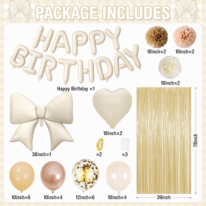White Sand and Gold Birthday Decorations for Women Girls, Happy Birthday Balloon Banner with Bow and Heart Foil Balloons Fringe Curtain Tissue Paper Pompoms Garland Party Supplies