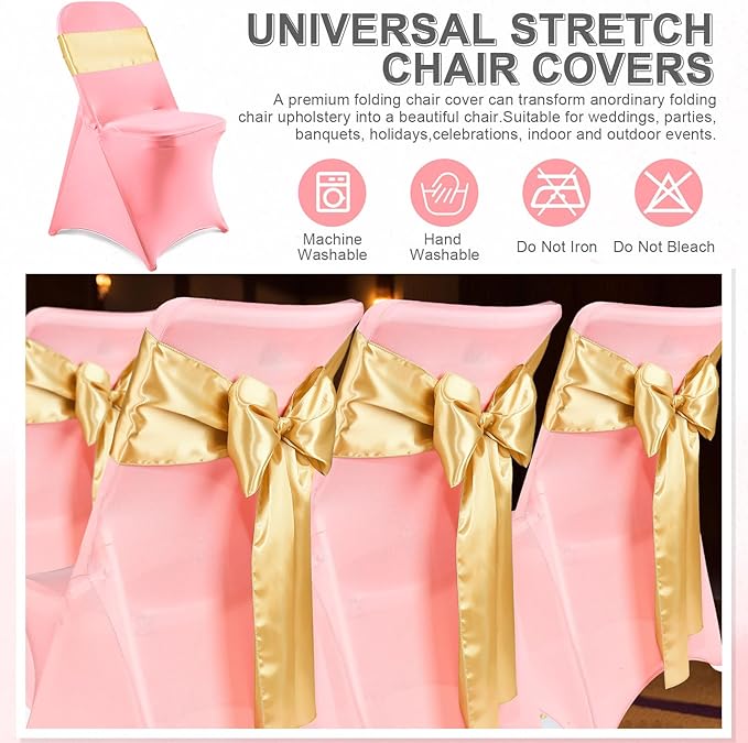 Lounsweer 50 Pcs Folding Chair Cover Set with 25 Stretch Spandex Slipcovers 25 Satin Chair Sashes Bows Ribbon Washable Banquet Protector for Wedding Event Party(Pink, Light Gold)