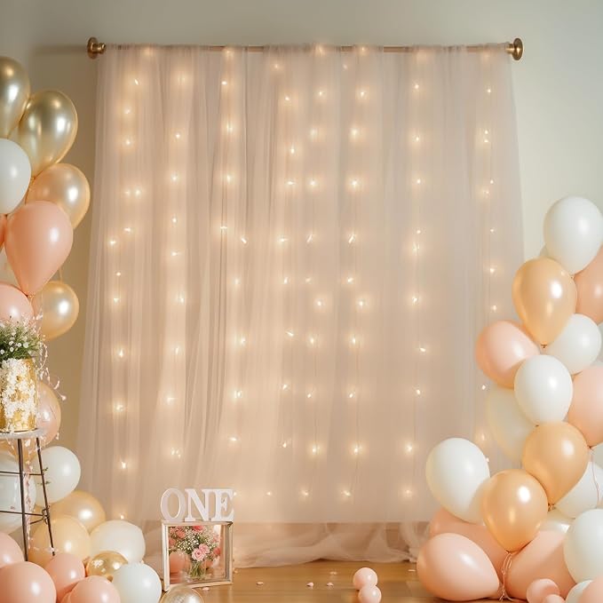 20x8ft Champagne Tulle Backdrop Curtain with Lights String for Parites, Sheer Photo Backdrop Curtains with Lights for Wedding Backdrop Ceremony Reception Bridal Shower Baby Shower Birthday Party