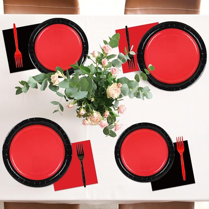 gisgfim 50 Guests Red and Black Party Supplies Decoration Black and Red Birthday Plates and Napkins Forks Red Black Disposable Tableware Red Birthday Party Paper Plates for Boys Girls Party 200PCS