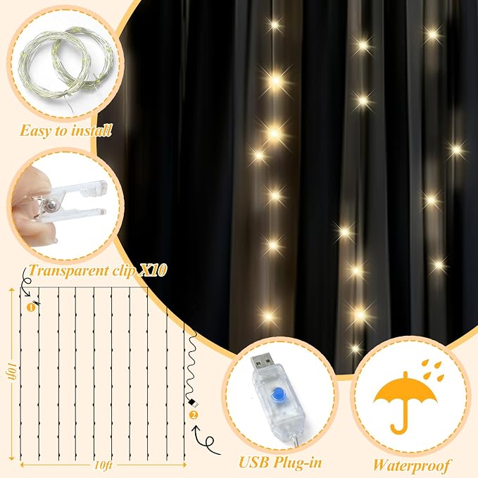 Ledido 3 Pack 10×8ft Black Tulle Backdrop Curtains with Lights String - 900LED Fairy Lights Sheer Curtain Backdrop for Wedding Baby Shower Photo Shoot Birthday Party Decoration(6 Panels 5×8ft)，Black