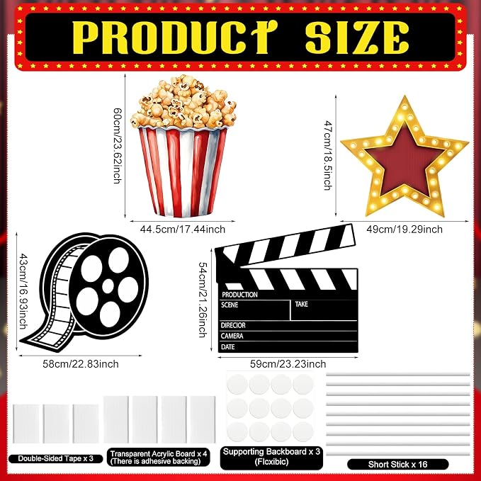 4 Pcs Movie Night Party Decoration Starry Cardboard Cutouts Film Popcorn Clapperboard Cardboard Cutout Lifesize Stand-ups Wedding Birthday Photo Props Backdrop Decor