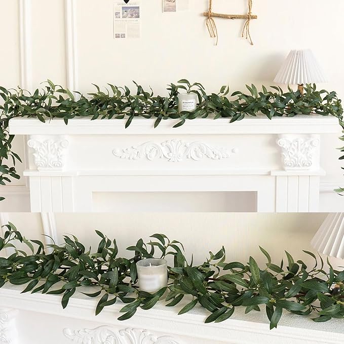 4 Pack Artificial Olive Garland 6.2 Long Faux Silk Leaf Olive Leaves Vines Greenery Garland with Fruit Spring Summer All Season for Wedding Arch Indoor Outdoor Wall Decoration