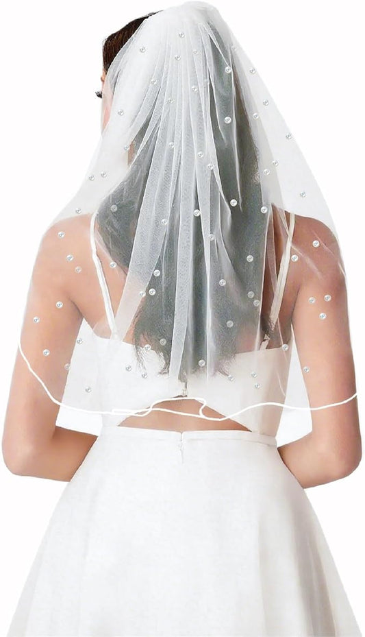 LADY&HOME White Bridal Veil Pearl Wedding Veil With Comb Bachelorette Party Veil for Brides,Bridal Shower Accessory,Bridesmaid Favor,Bride To Be Gift