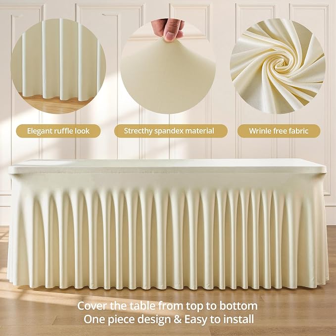 4 Pack 8ft Beige Spandex Tablecloths for Rectangle Tables Wrinkle Free Beige Rectangle Table Cloth Stretch Fitted Table Cover with Skirt for Wedding Birthday Party Banquet Baby Shower Buffet Event