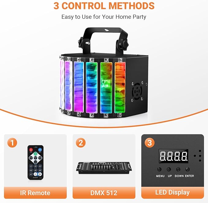DJ Disco Party Light: Compact Derby Effect | RGBW Beam Output Through 48 Lenses - Remote Sound Activated DMX Control - Easy Setup Great for Dance Wedding Gig Band Mobile Karaoke Bar Club Home Party