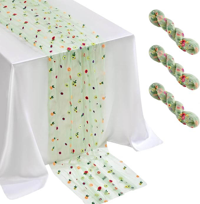 QueenDream Flower Tulle Table Runner 10FT Sage Green Gauze Table Runner with Embroidery Daisy Rustic Vintage Fabric 3 Packs